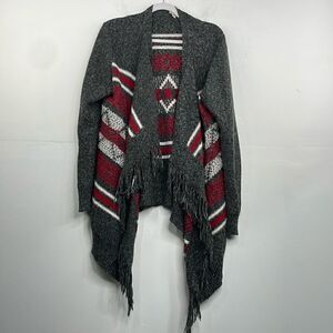 St Johns Bay open front sweater cardigan black gray stripe fringe southwest XL